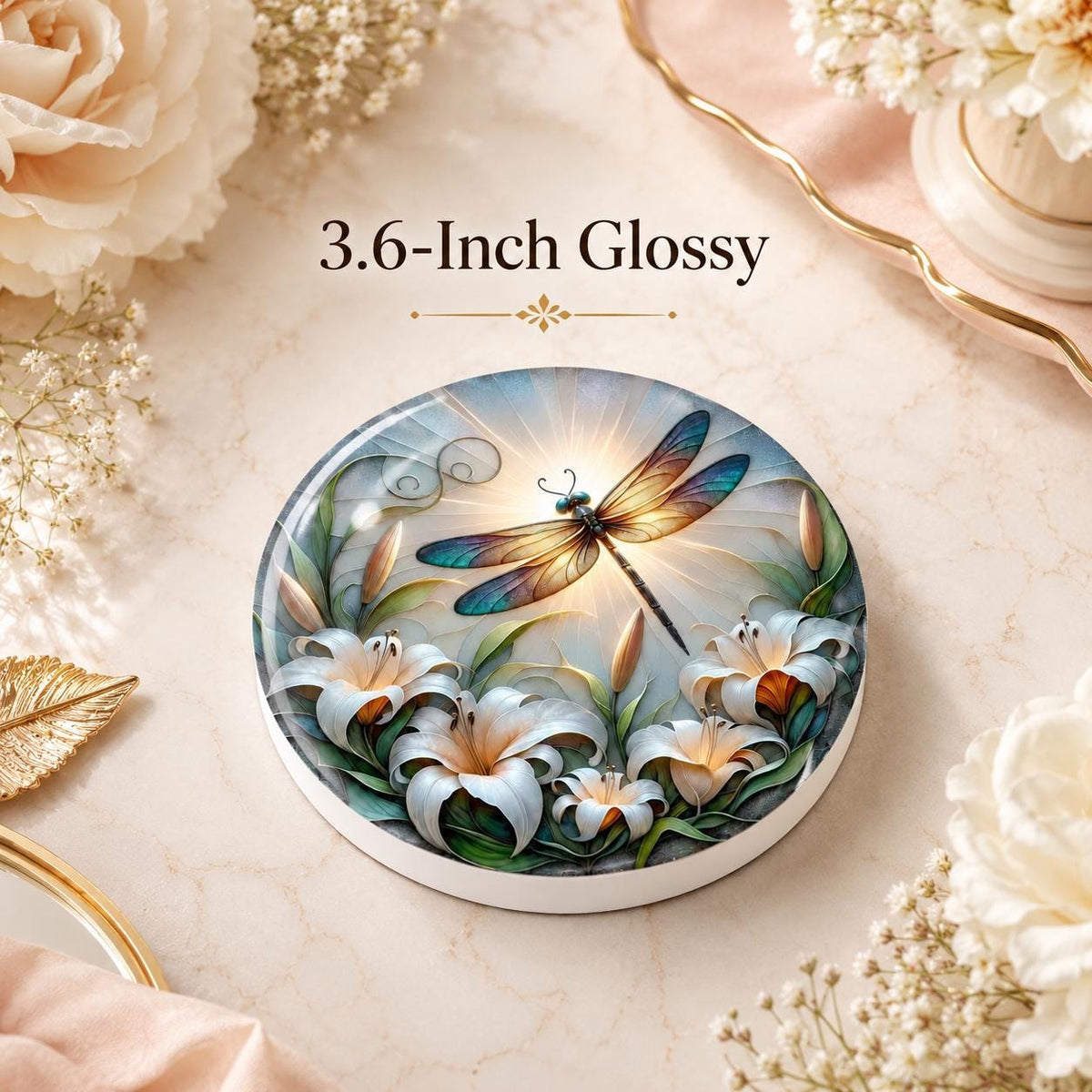 Dragonfly Lily Ceramic Coaster, Round Floral Drink Mat, Garden Art Decor