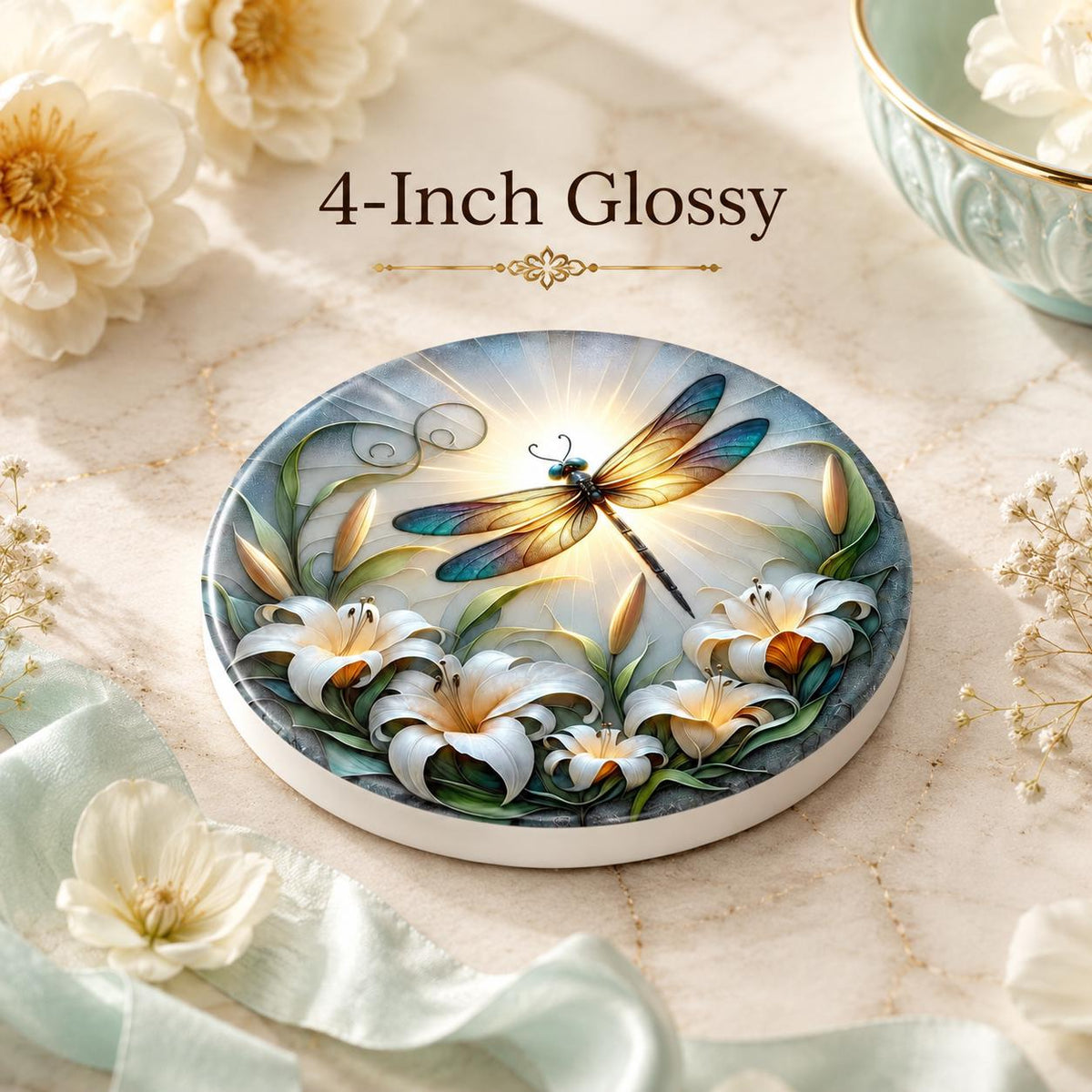 Dragonfly Lily Ceramic Coaster, Round Floral Drink Mat, Garden Art Decor