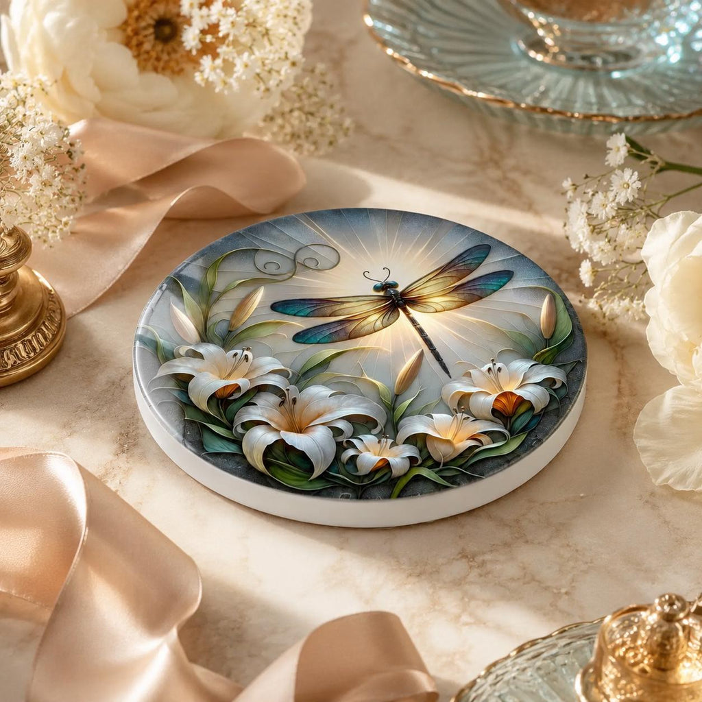 Dragonfly Lily Ceramic Coaster, Round Floral Drink Mat, Garden Art Decor