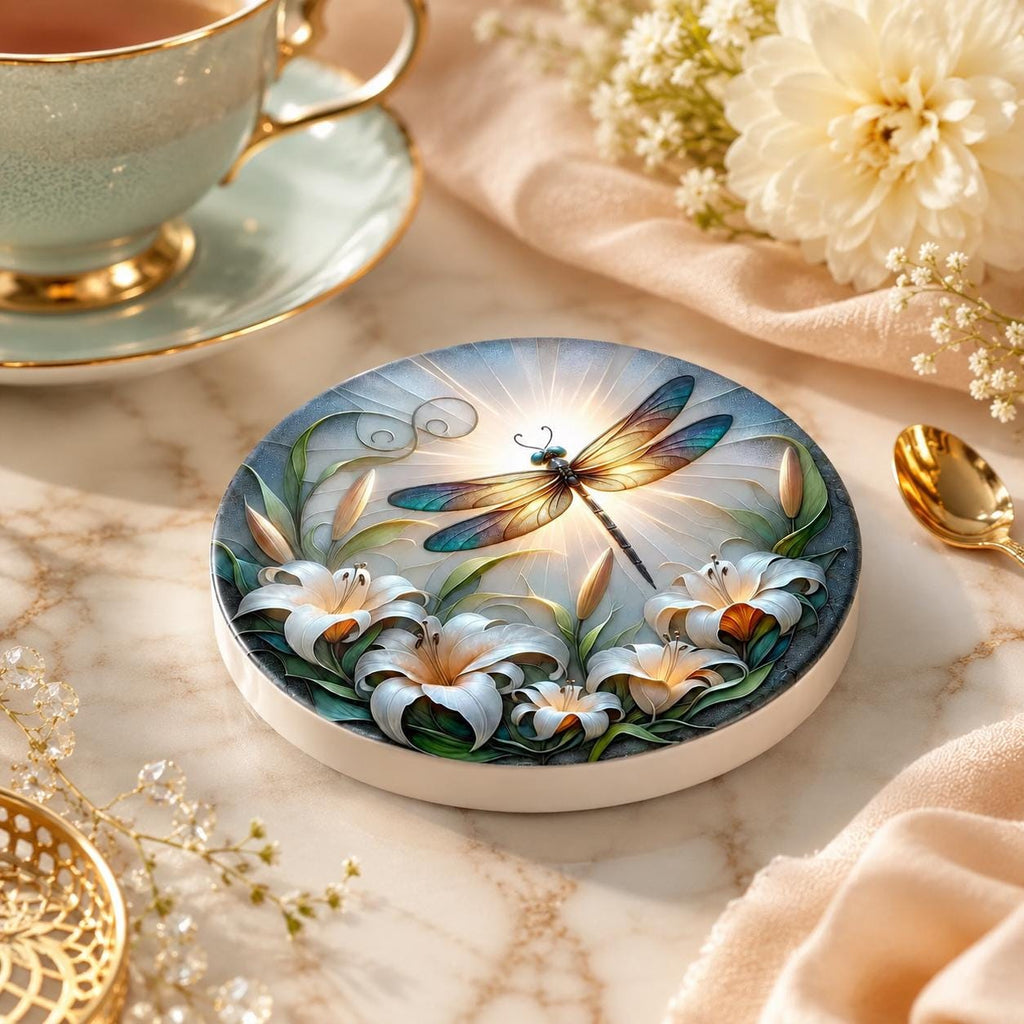 Dragonfly Lily Ceramic Coaster, Round Floral Drink Mat, Garden Art Decor