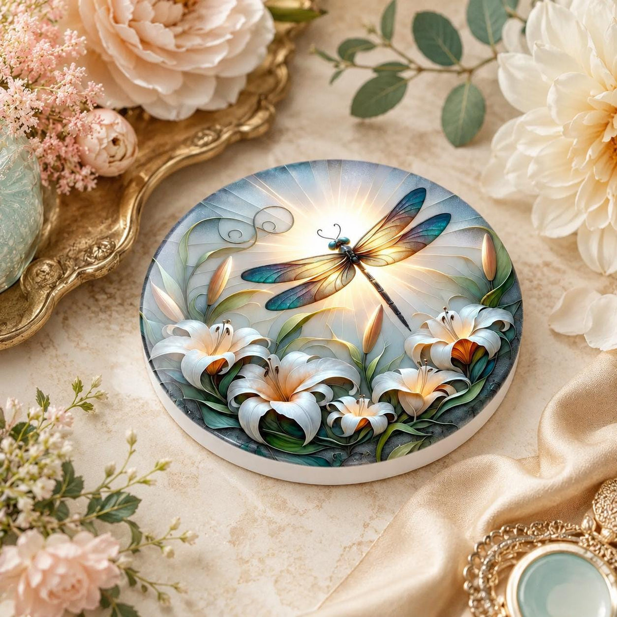 Dragonfly Lily Ceramic Coaster, Round Floral Drink Mat, Garden Art Decor