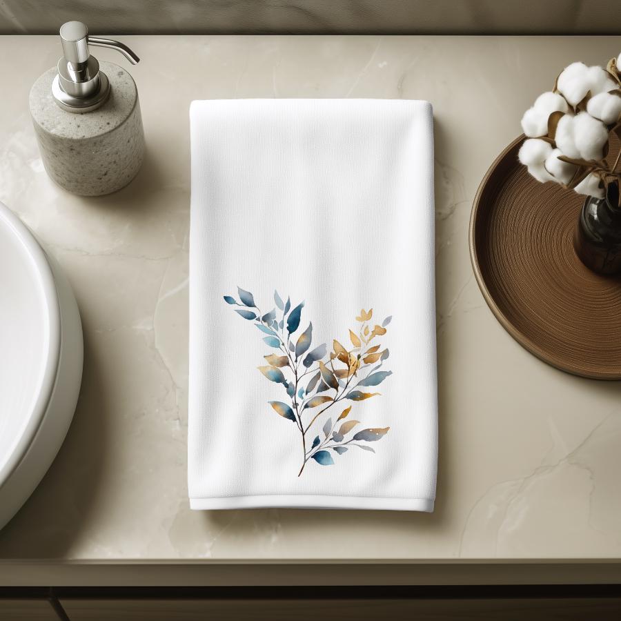 Blue Gold Botanical Hand Towel, Modern Leaf Bathroom Decor, Elegant Guest Bath Accent