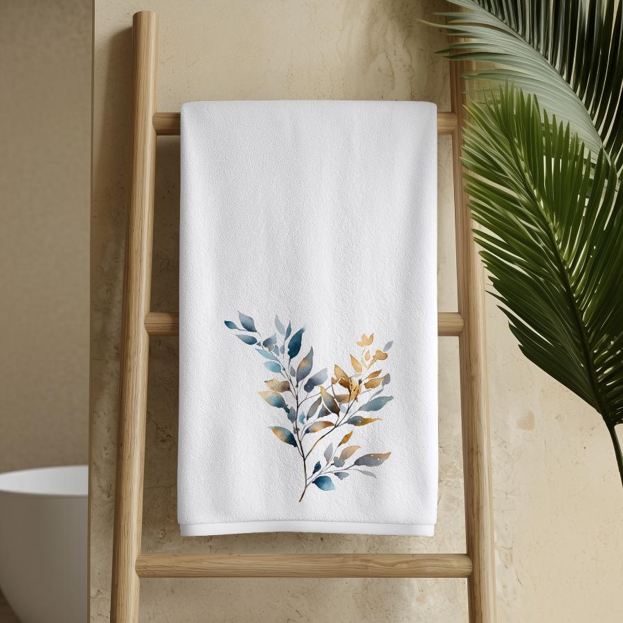 Blue Gold Botanical Hand Towel, Modern Leaf Bathroom Decor, Elegant Guest Bath Accent