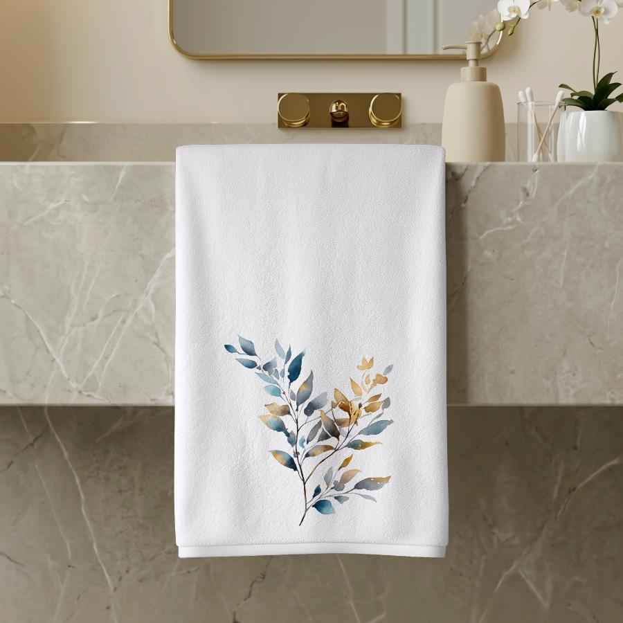 Blue Gold Botanical Hand Towel, Modern Leaf Bathroom Decor, Elegant Guest Bath Accent