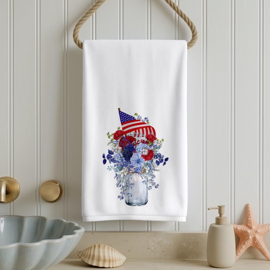 Patriotic Floral Hand Towel, Americana Bathroom Decor, Red White Blue Guest Bath Accent