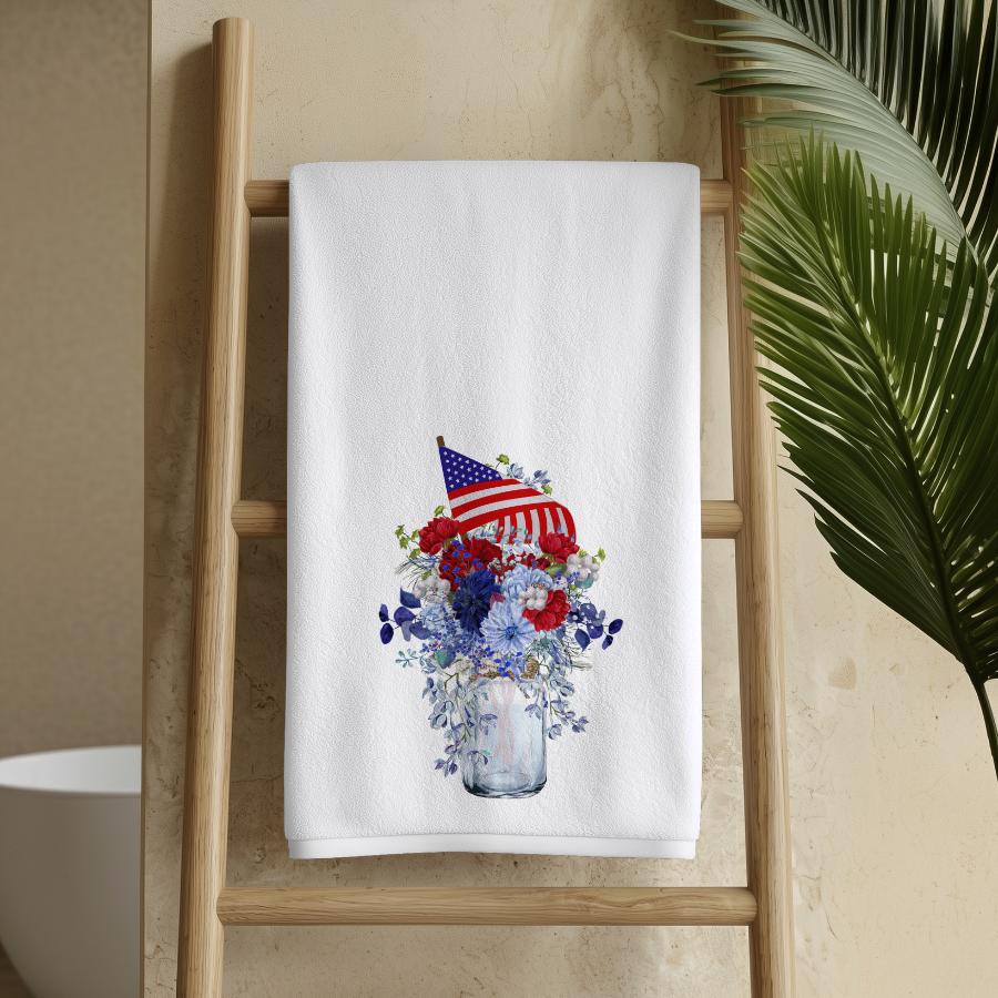 Patriotic Floral Hand Towel, Americana Bathroom Decor, Red White Blue Guest Bath Accent