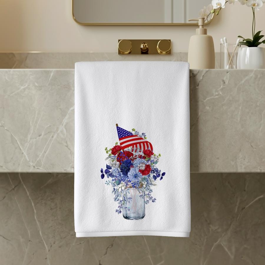 Patriotic Floral Hand Towel, Americana Bathroom Decor, Red White Blue Guest Bath Accent