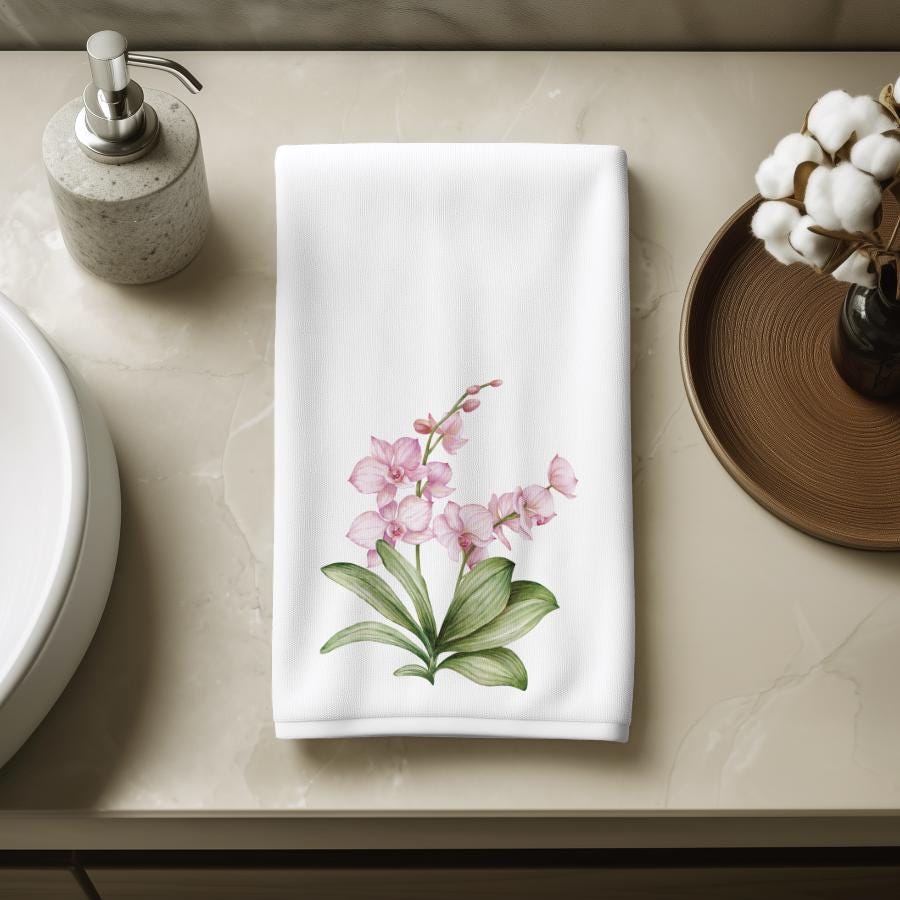 Pink Orchid Hand Towel, Tropical Floral Bathroom Decor, Botanical Guest Bath Accent