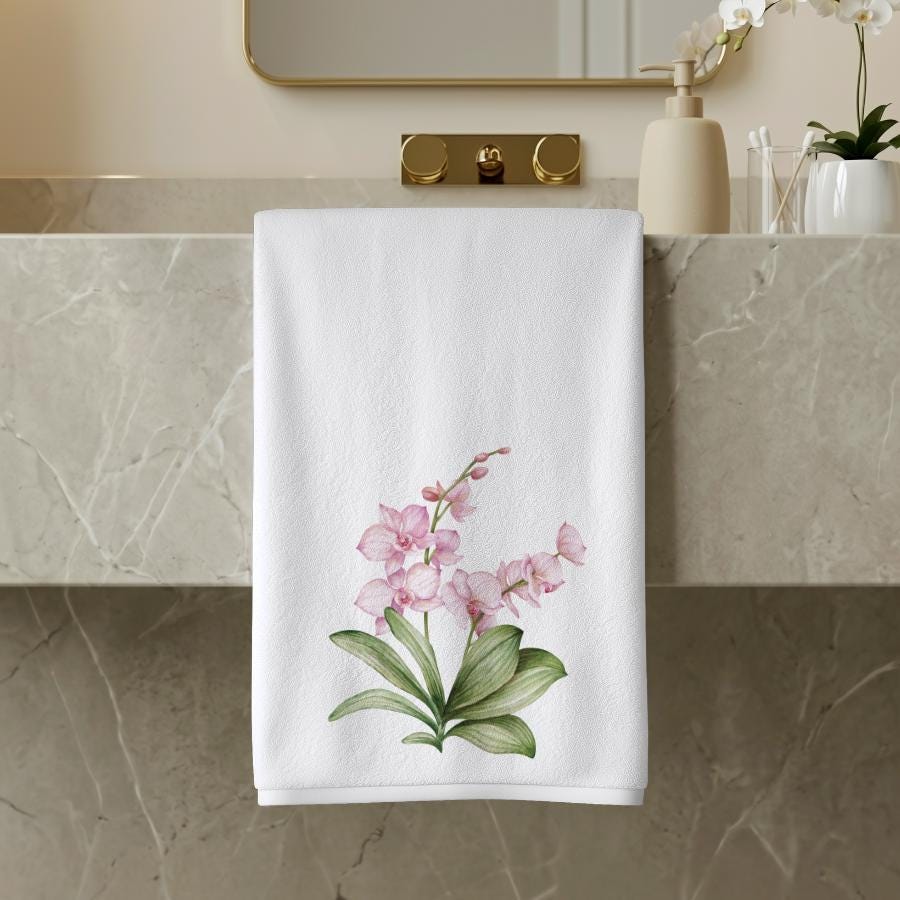 Pink Orchid Hand Towel, Tropical Floral Bathroom Decor, Botanical Guest Bath Accent