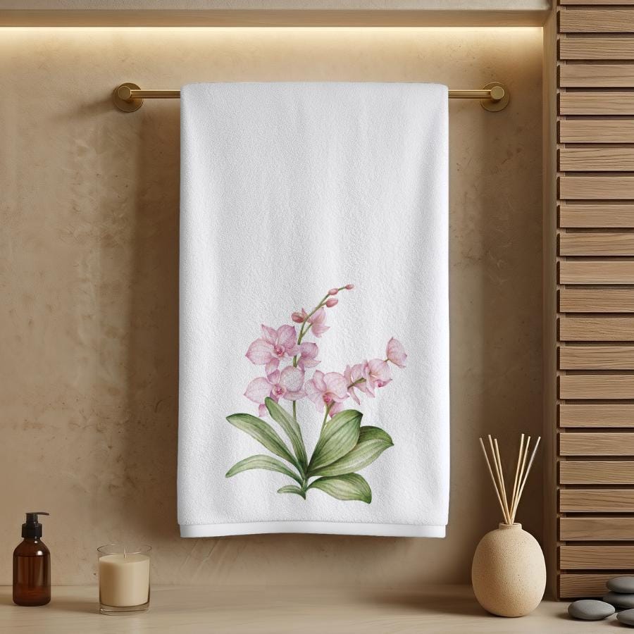 Pink Orchid Hand Towel, Tropical Floral Bathroom Decor, Botanical Guest Bath Accent