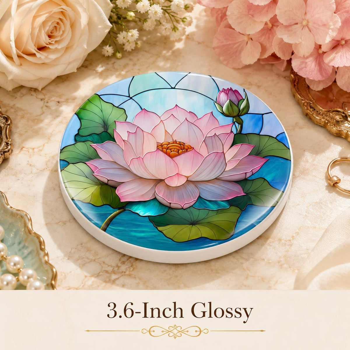 Lotus Lily Ceramic Coaster, Round Botanical Drink Mat, Spa Garden Decor