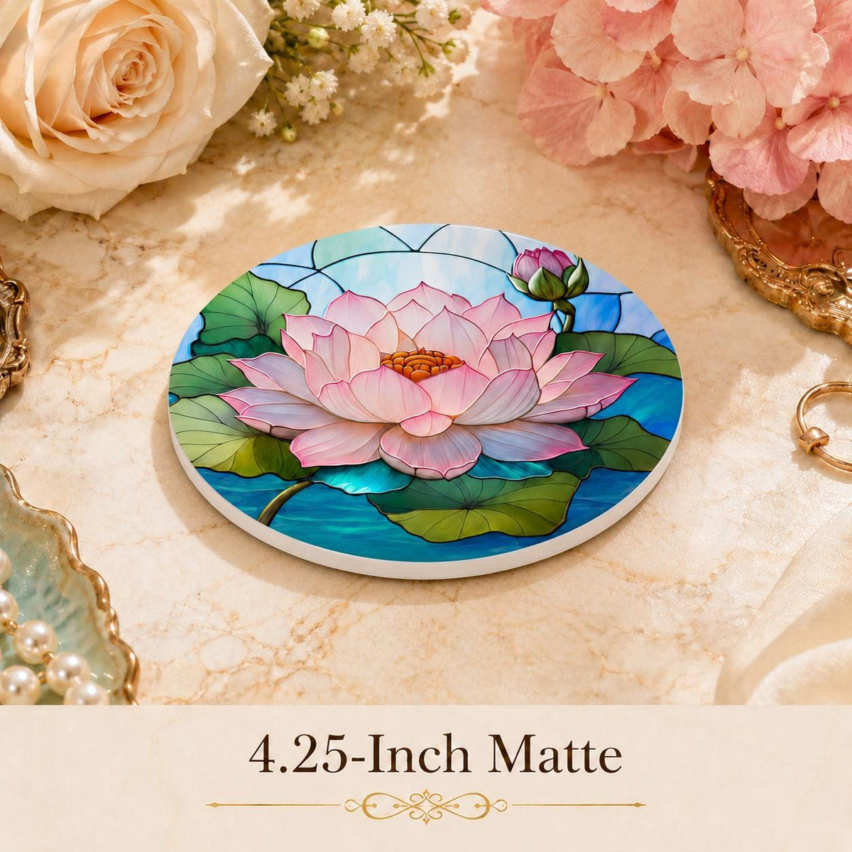 Lotus Lily Ceramic Coaster, Round Botanical Drink Mat, Spa Garden Decor