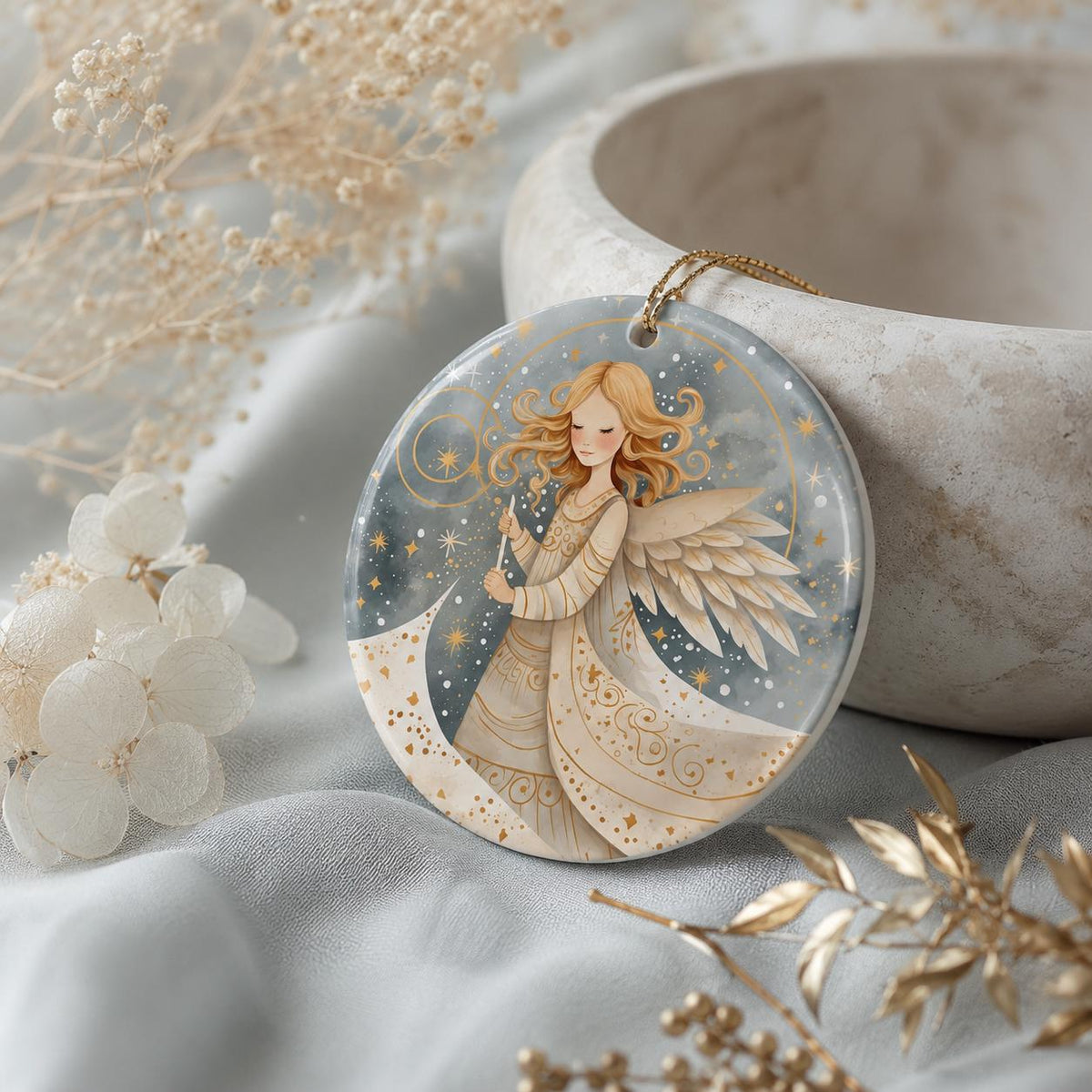 Celestial Angel Ornament, Ceramic Christmas Keepsake, Gold Star Heavenly Holiday Decor