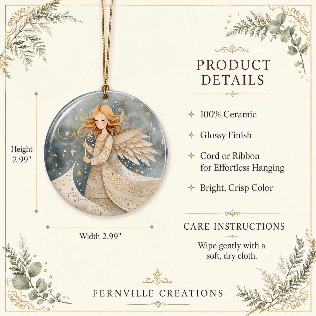 Celestial Angel Ornament, Ceramic Christmas Keepsake, Gold Star Heavenly Holiday Decor