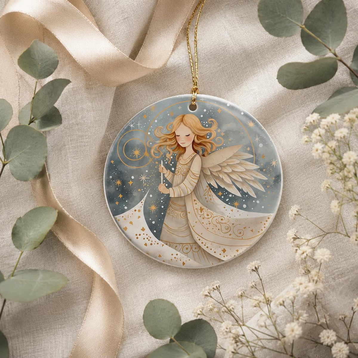 Celestial Angel Ornament, Ceramic Christmas Keepsake, Gold Star Heavenly Holiday Decor