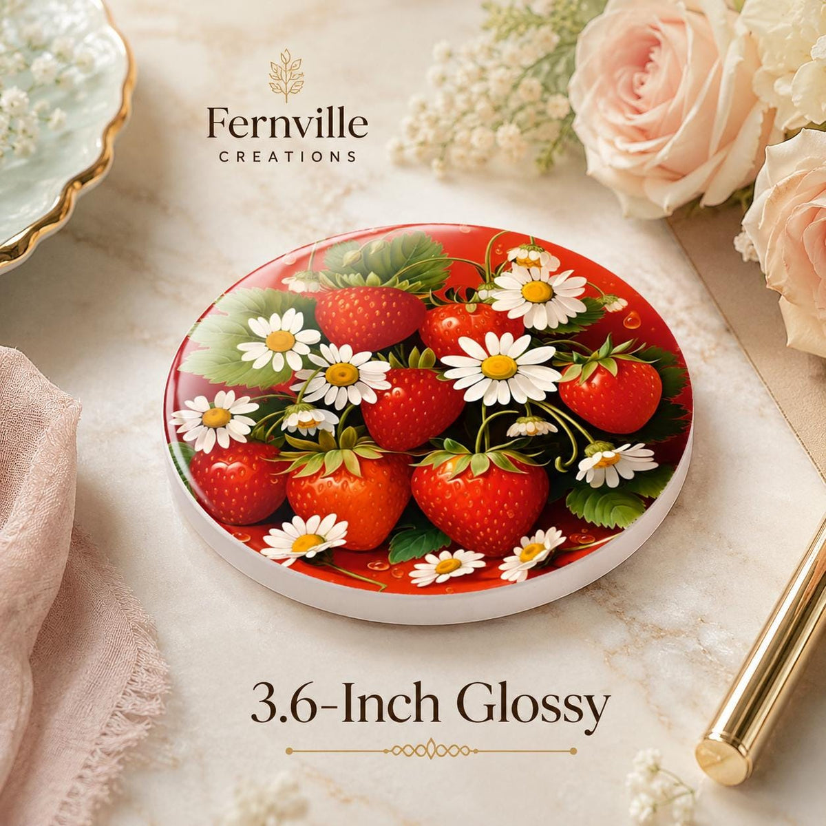 Strawberry Daisy Ceramic Coaster, Round Fruit Drink Mat, Cottage Kitchen Decor