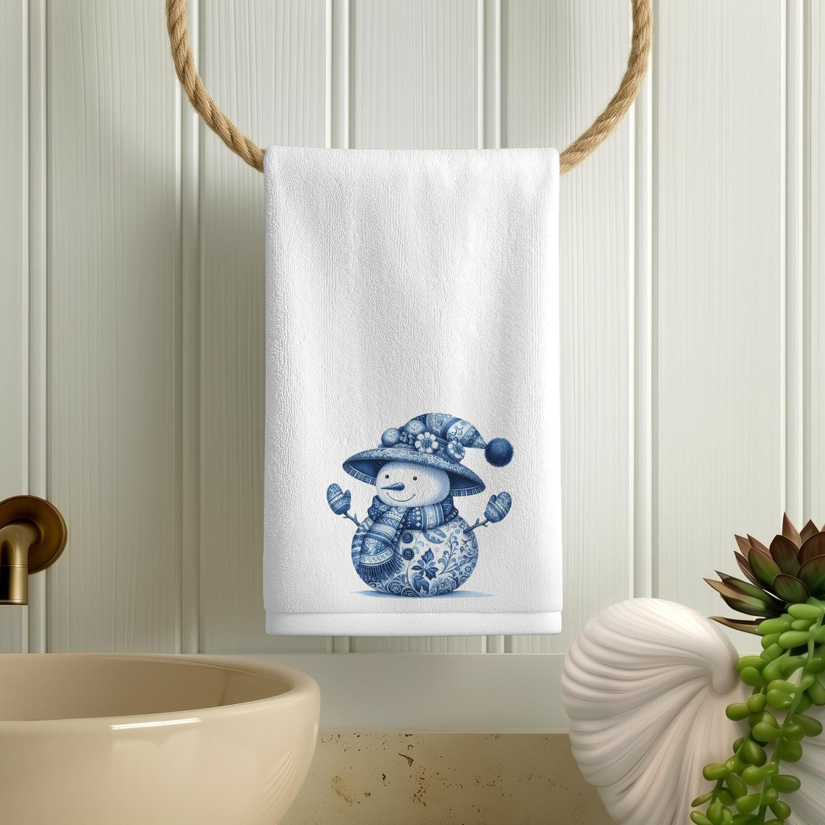 Blue Snowman Fingertip Towel, Winter Bathroom Decor Gift