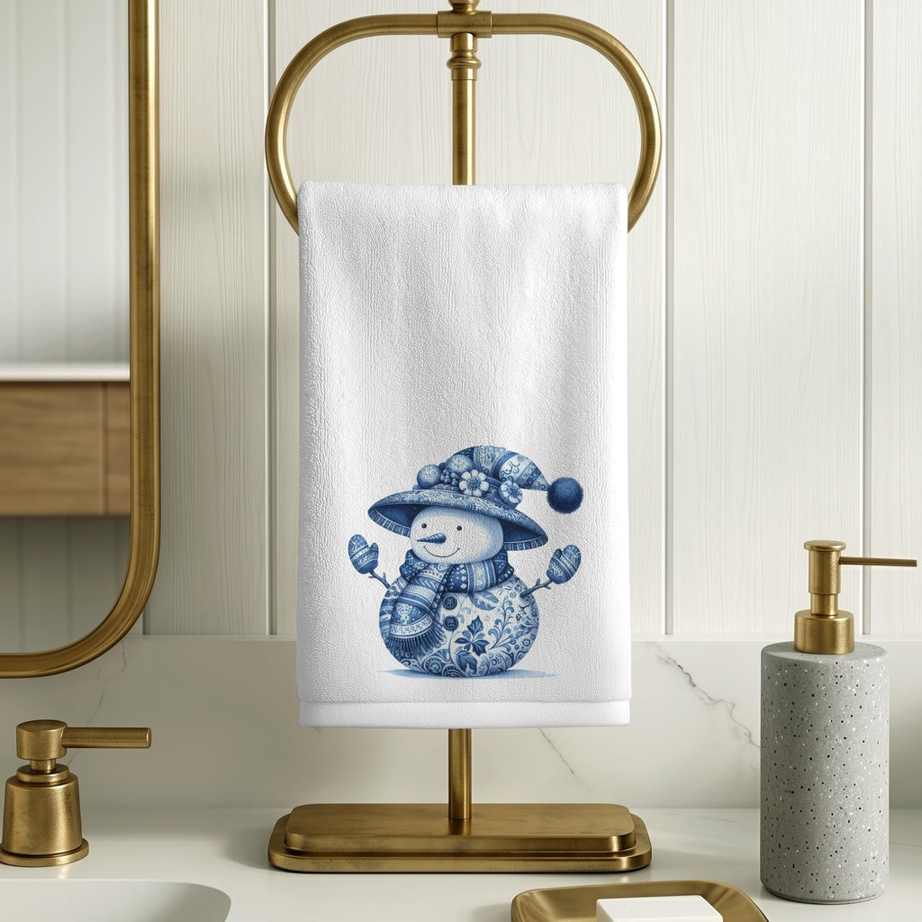 Blue Snowman Fingertip Towel, Winter Bathroom Decor Gift