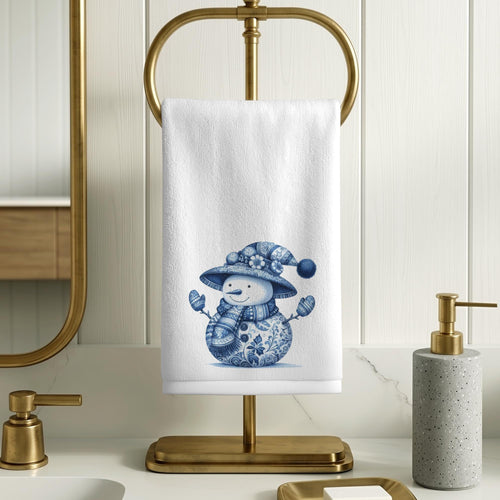 Blue Snowman Fingertip Towel, Winter Bathroom Decor Gift