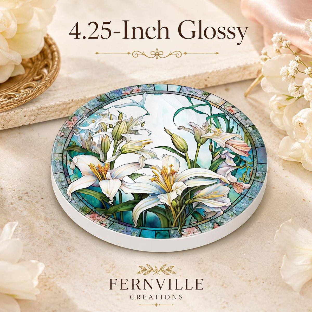 White Lily Ceramic Coaster, Round Floral Drink Mat, Botanical Garden Decor