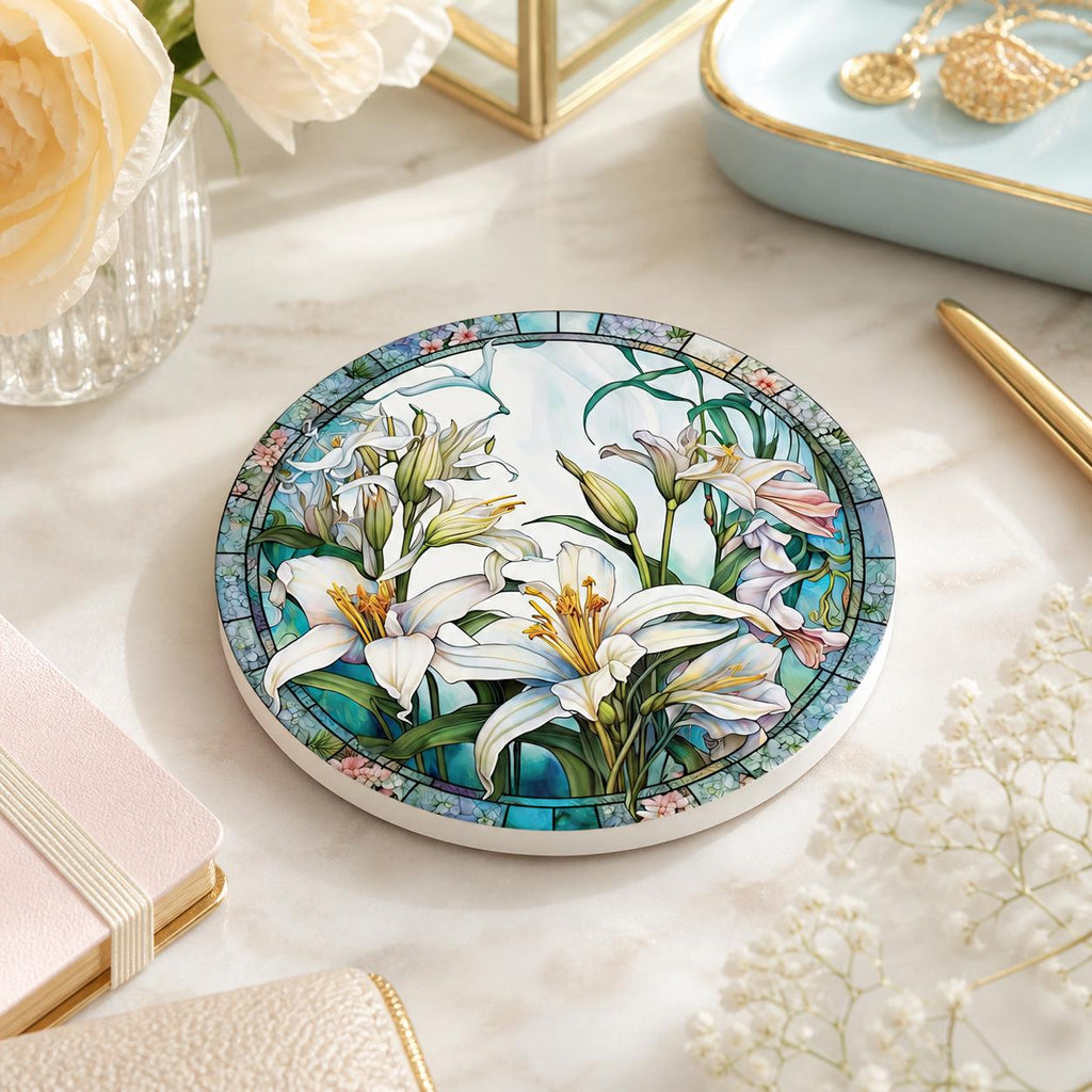 White Lily Ceramic Coaster, Round Floral Drink Mat, Botanical Garden Decor