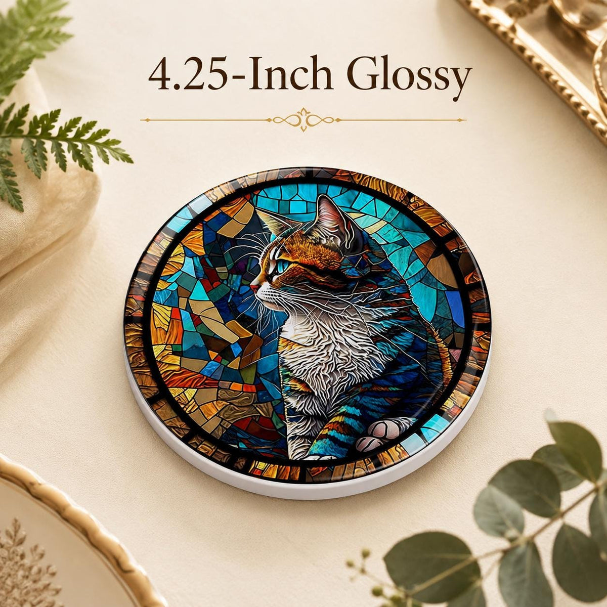 Cat Mosaic Look Ceramic Coaster, Round Pet Drink Mat, Colorful Feline Decor