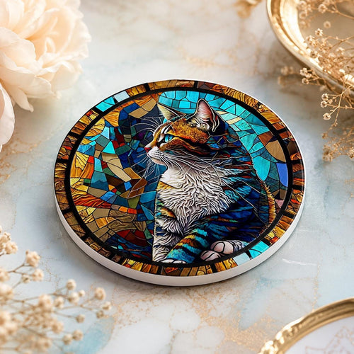 Cat Mosaic Look Ceramic Coaster, Round Pet Drink Mat, Colorful Feline Decor