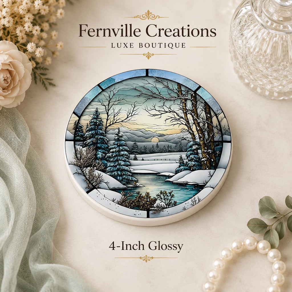 Winter Forest Ceramic Coaster, Snowy Landscape Drink Mat, Cabin Decor