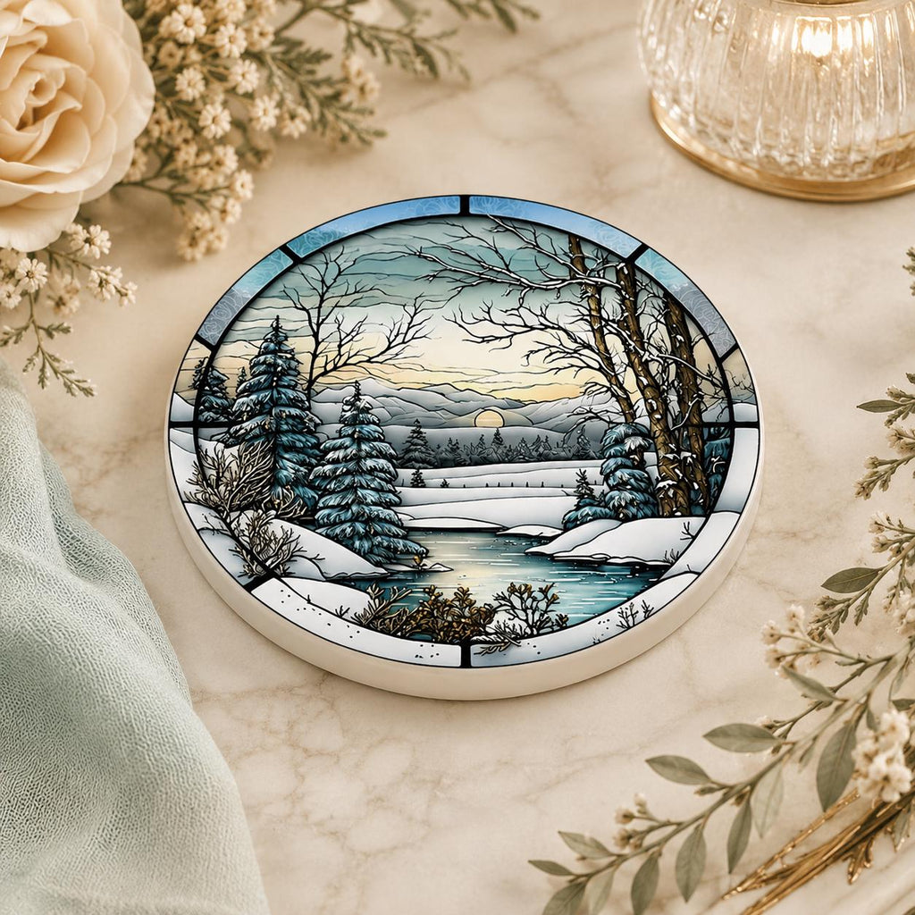 Winter Forest Ceramic Coaster, Snowy Landscape Drink Mat, Cabin Decor