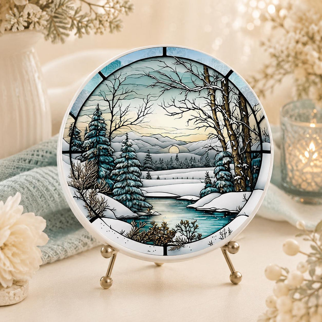 Winter Forest Ceramic Coaster, Snowy Landscape Drink Mat, Cabin Decor