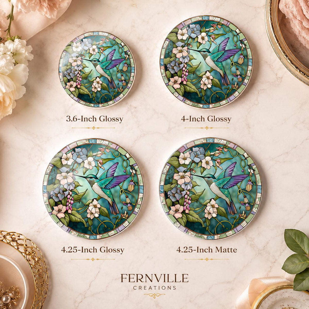 Hummingbird Floral Ceramic Coaster, Round Garden Drink Mat, Botanical Bird Decor
