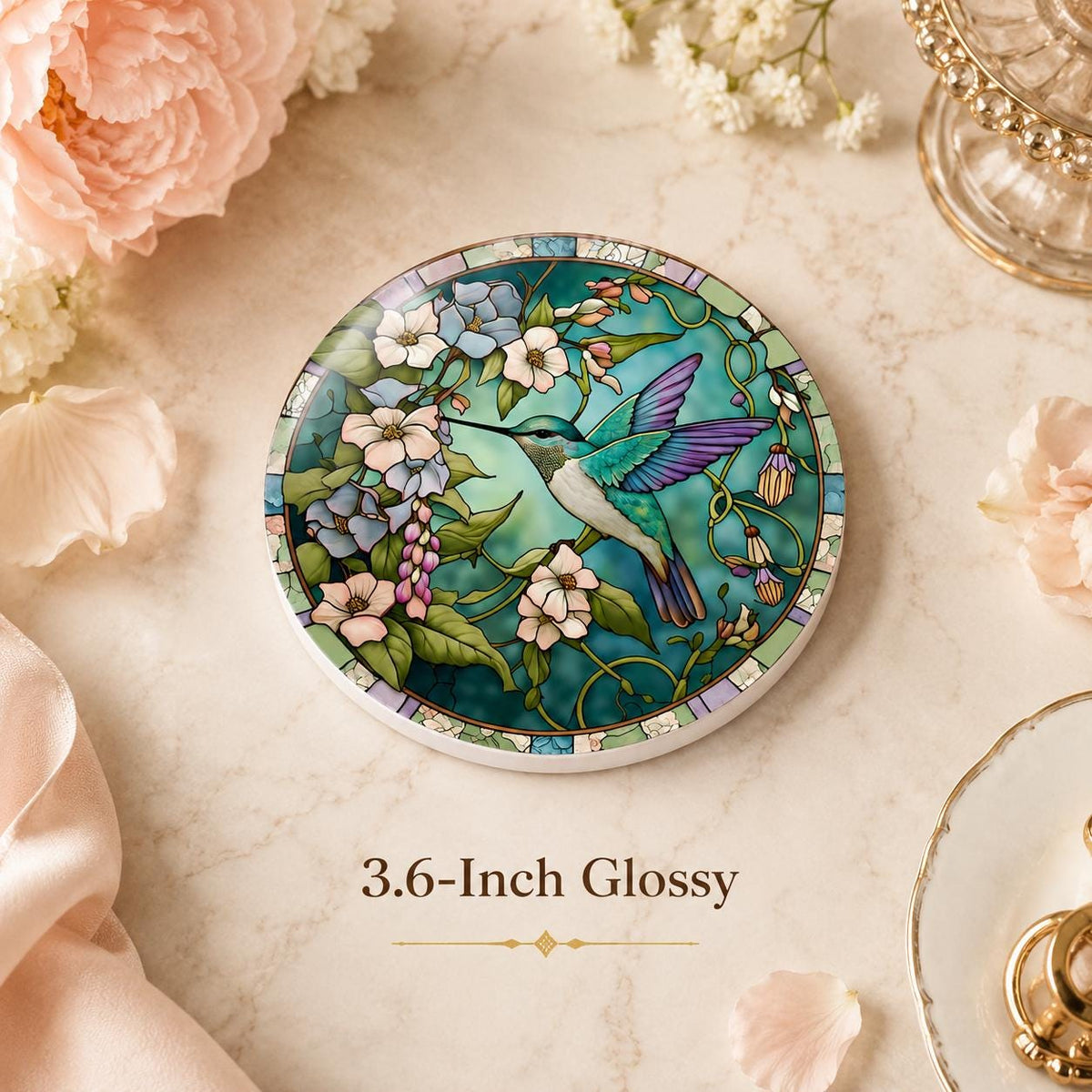 Hummingbird Floral Ceramic Coaster, Round Garden Drink Mat, Botanical Bird Decor