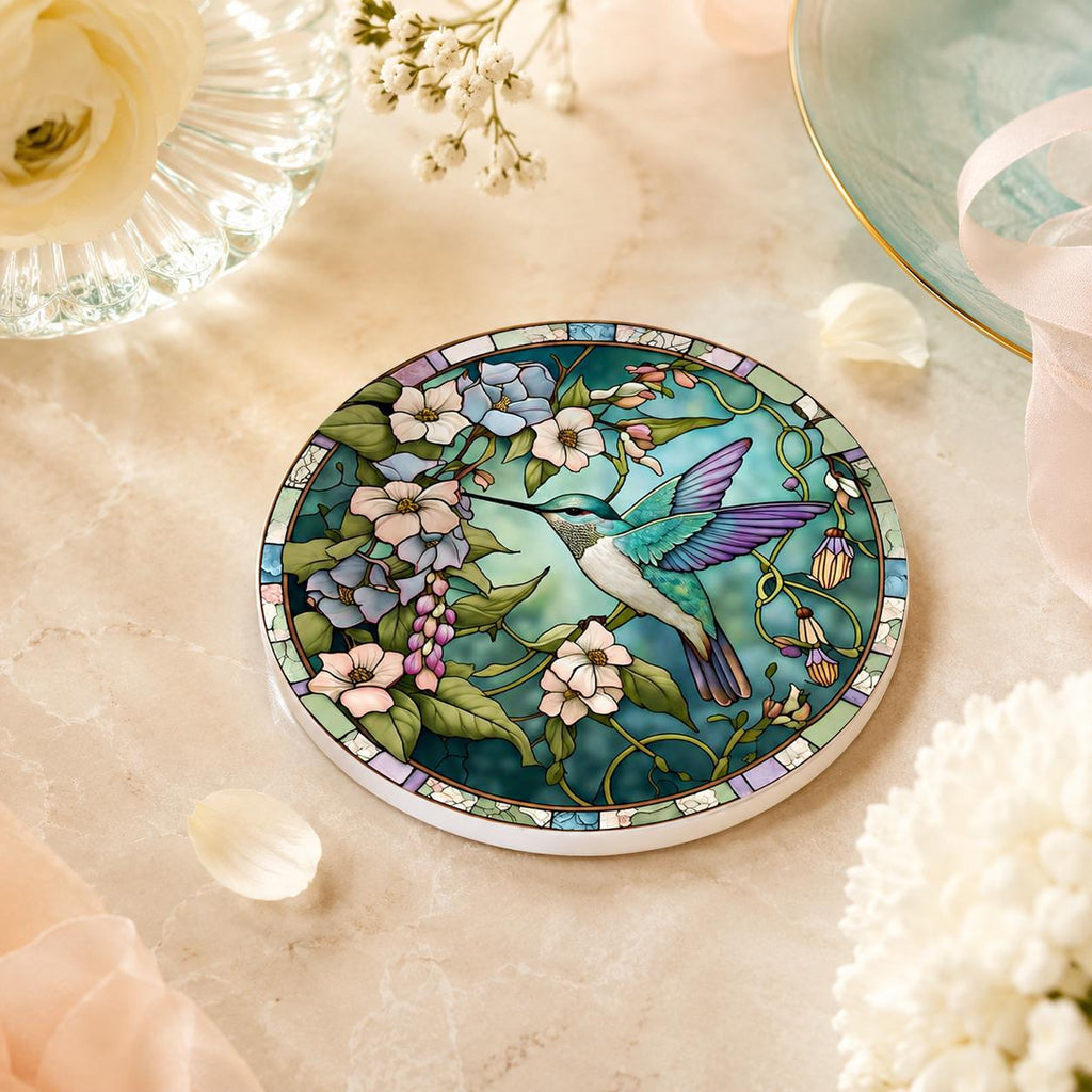Hummingbird Floral Ceramic Coaster, Round Garden Drink Mat, Botanical Bird Decor