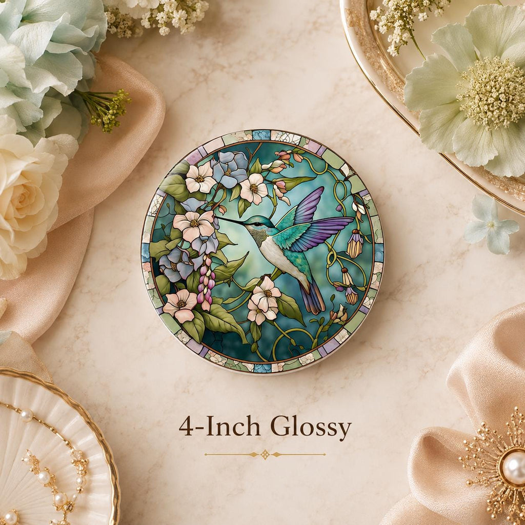 Hummingbird Floral Ceramic Coaster, Round Garden Drink Mat, Botanical Bird Decor