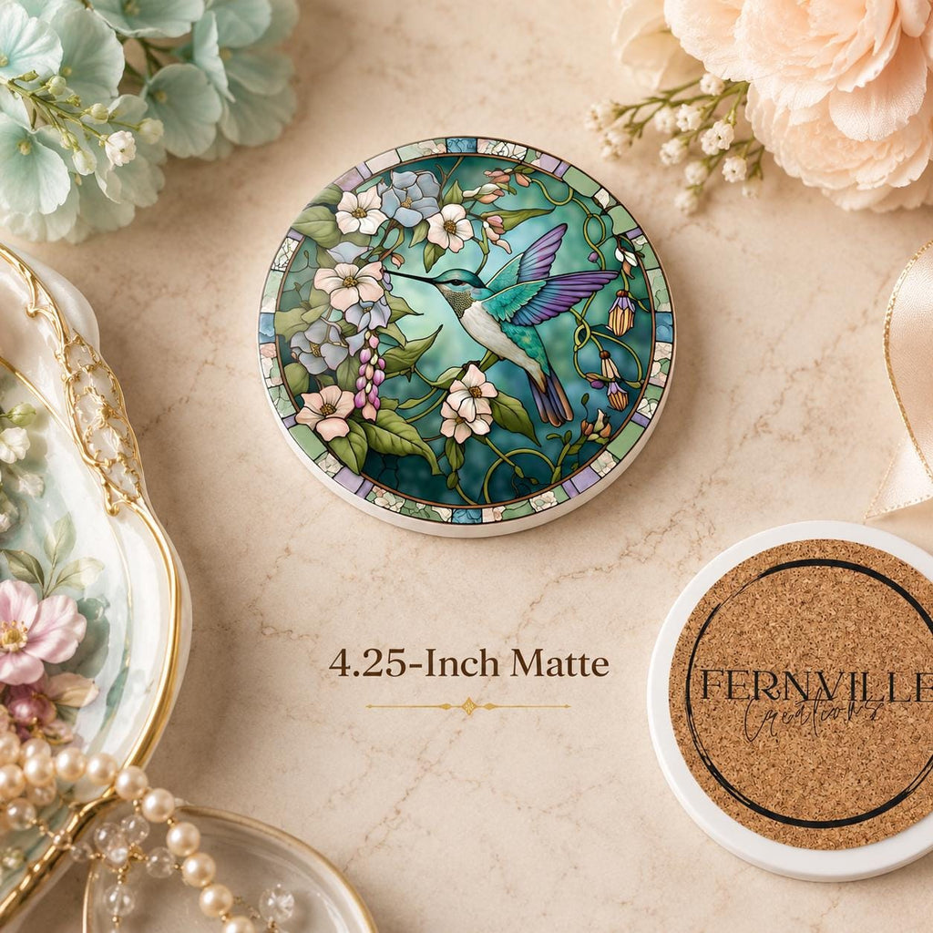 Hummingbird Floral Ceramic Coaster, Round Garden Drink Mat, Botanical Bird Decor