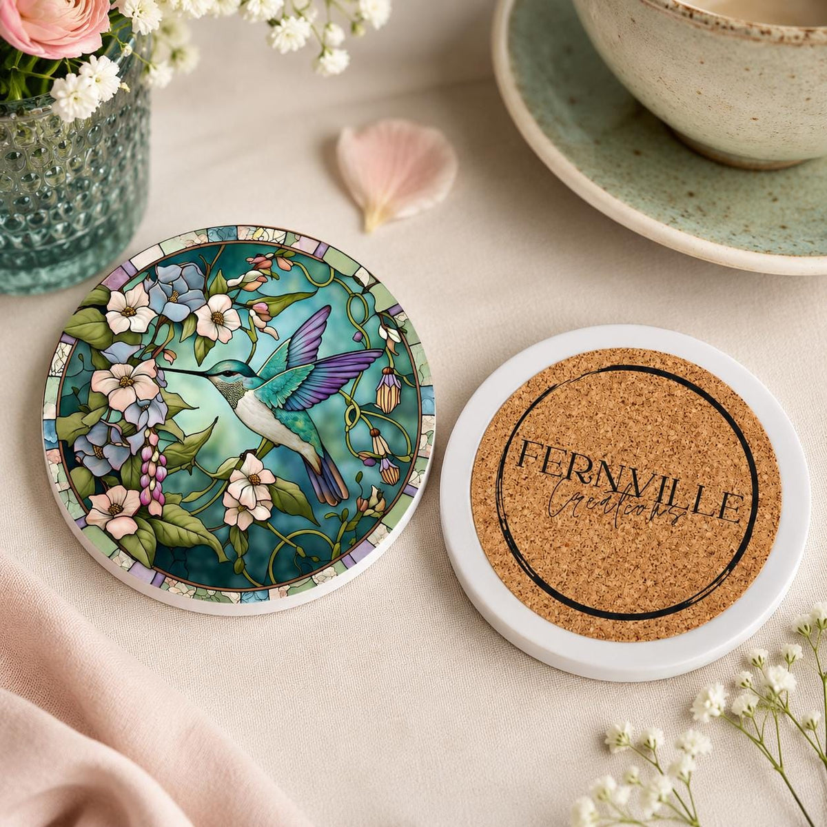 Hummingbird Floral Ceramic Coaster, Round Garden Drink Mat, Botanical Bird Decor