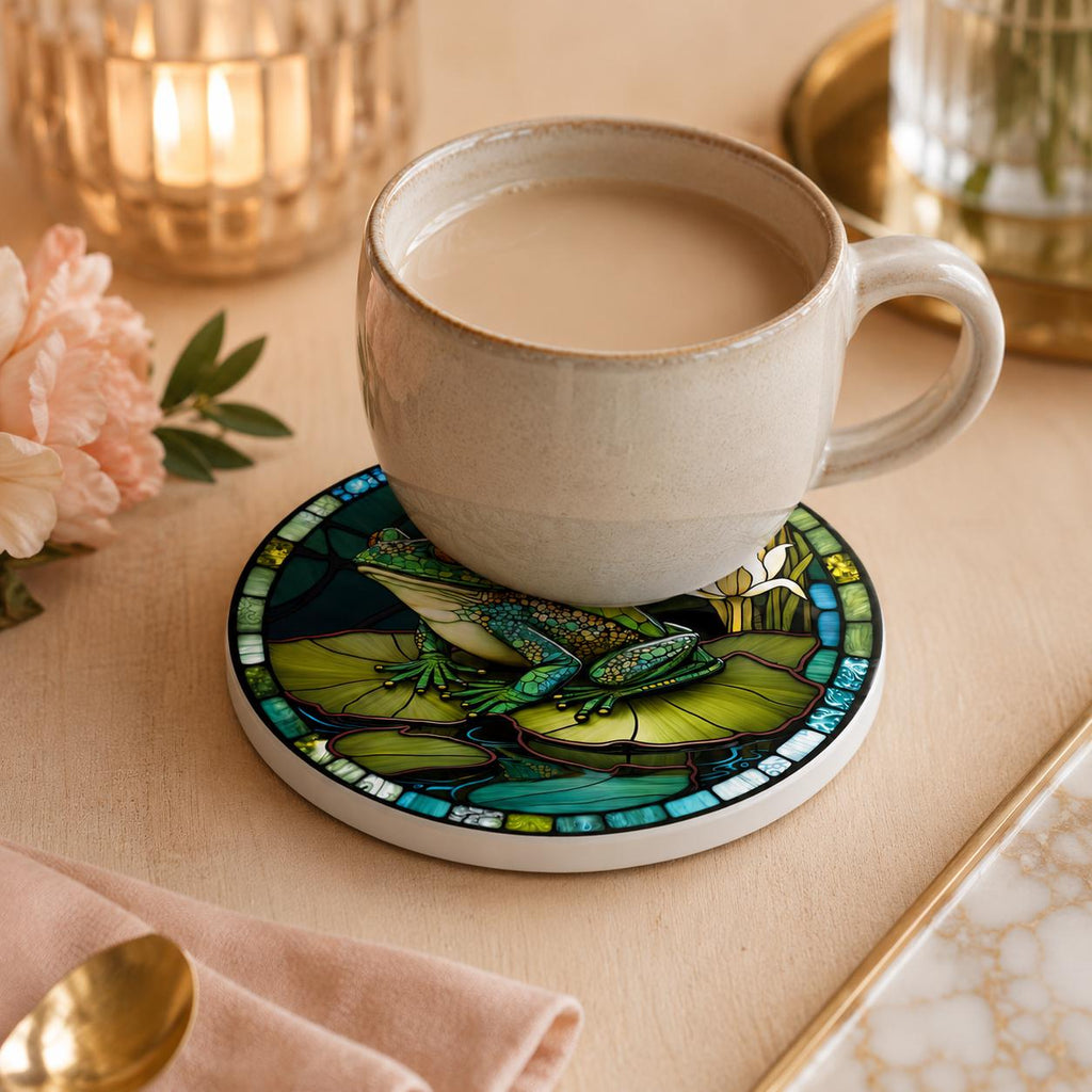 Frog Ceramic Coaster, Lily Pad Drink Mat, Garden Pond Decor
