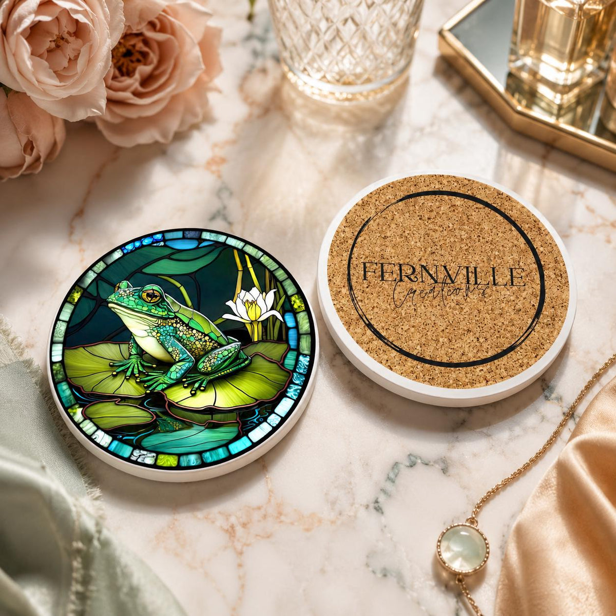Frog Ceramic Coaster, Lily Pad Drink Mat, Garden Pond Decor