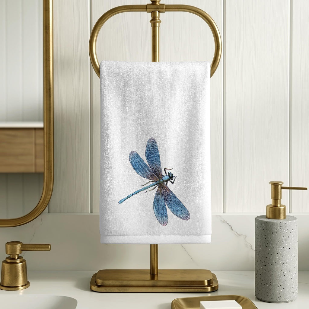 Dragonfly Fingertip Towel, Blue Guest Bath Decor, Nature Powder Room Hand Towel