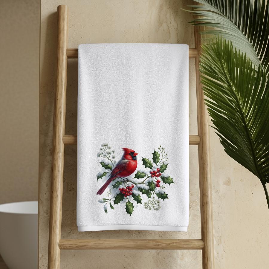 Cardinal Hand Towel, Christmas Bathroom Decor, Winter Bird Guest Bath Gift