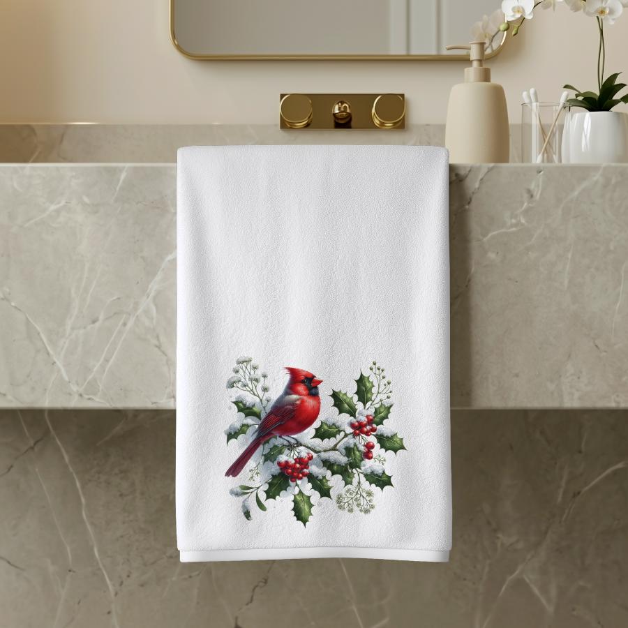 Cardinal Hand Towel, Christmas Bathroom Decor, Winter Bird Guest Bath Gift