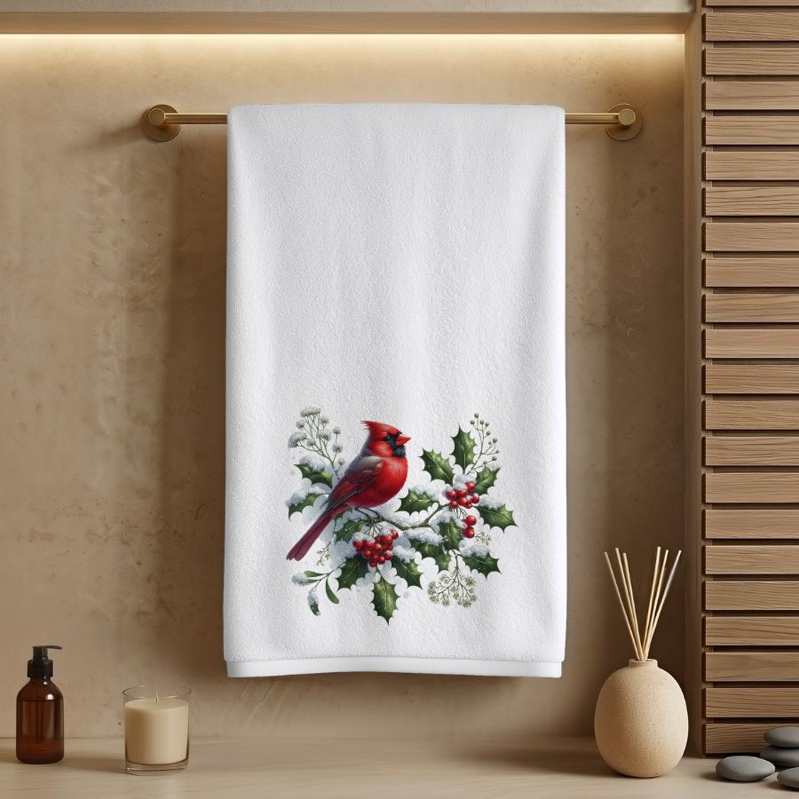 Cardinal Hand Towel, Christmas Bathroom Decor, Winter Bird Guest Bath Gift