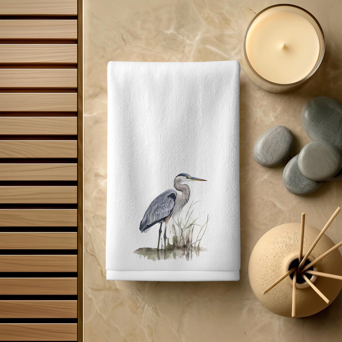 Heron Fingertip Towel, Coastal Guest Bath Decor, Marsh Bird Powder Room Gift