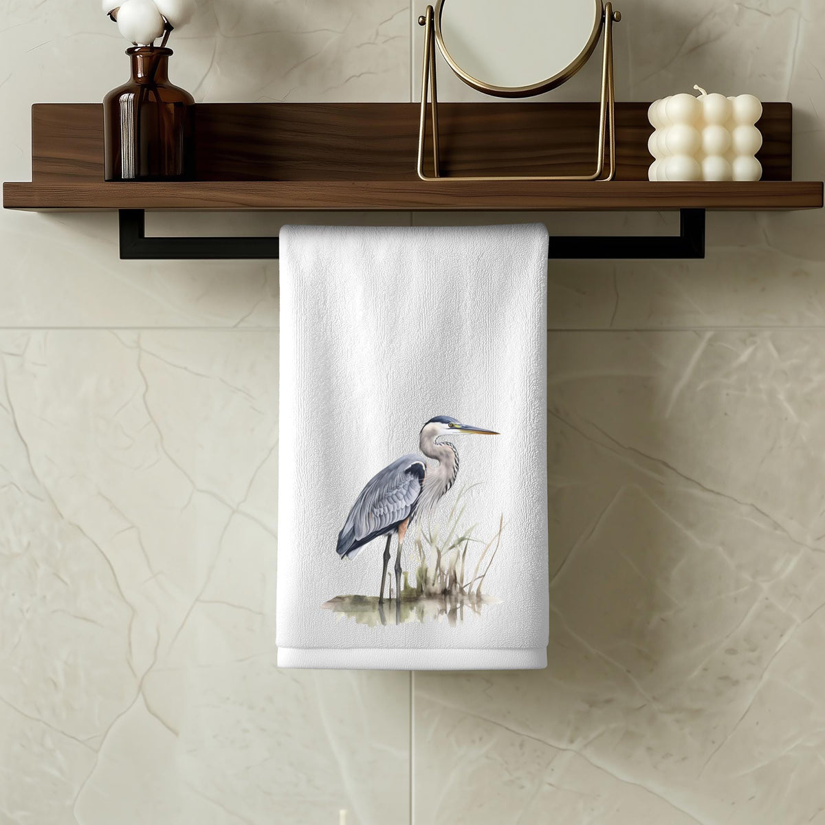 Heron Fingertip Towel, Coastal Guest Bath Decor, Marsh Bird Powder Room Gift