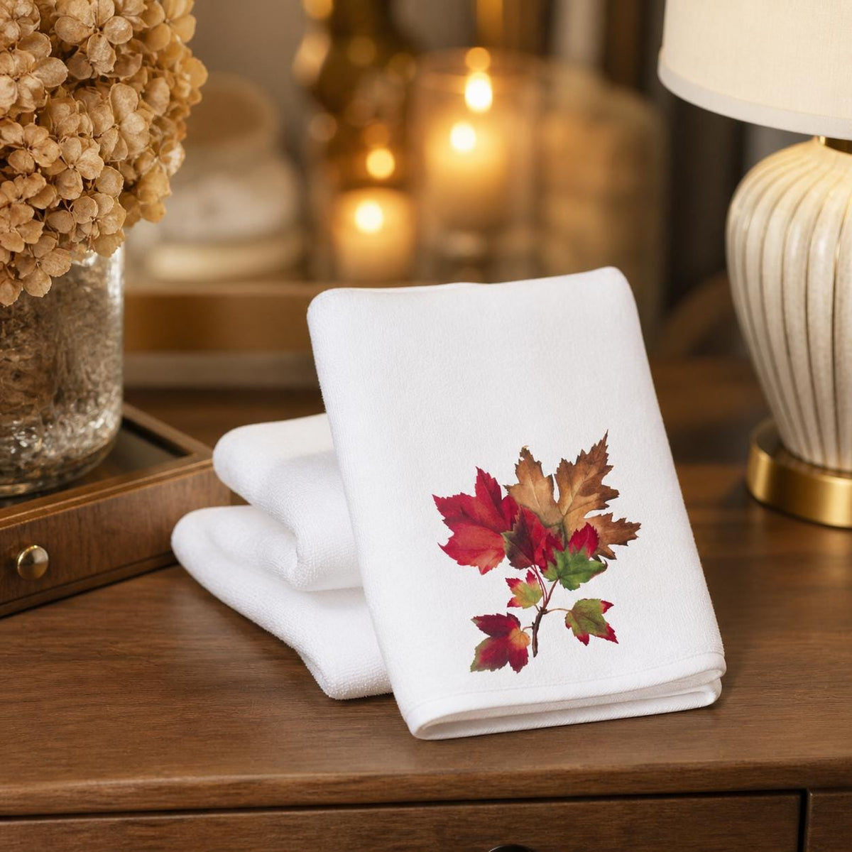 Fall Maple Leaf Fingertip Towel, Autumn Guest Bath Decor, Seasonal Hostess Gift