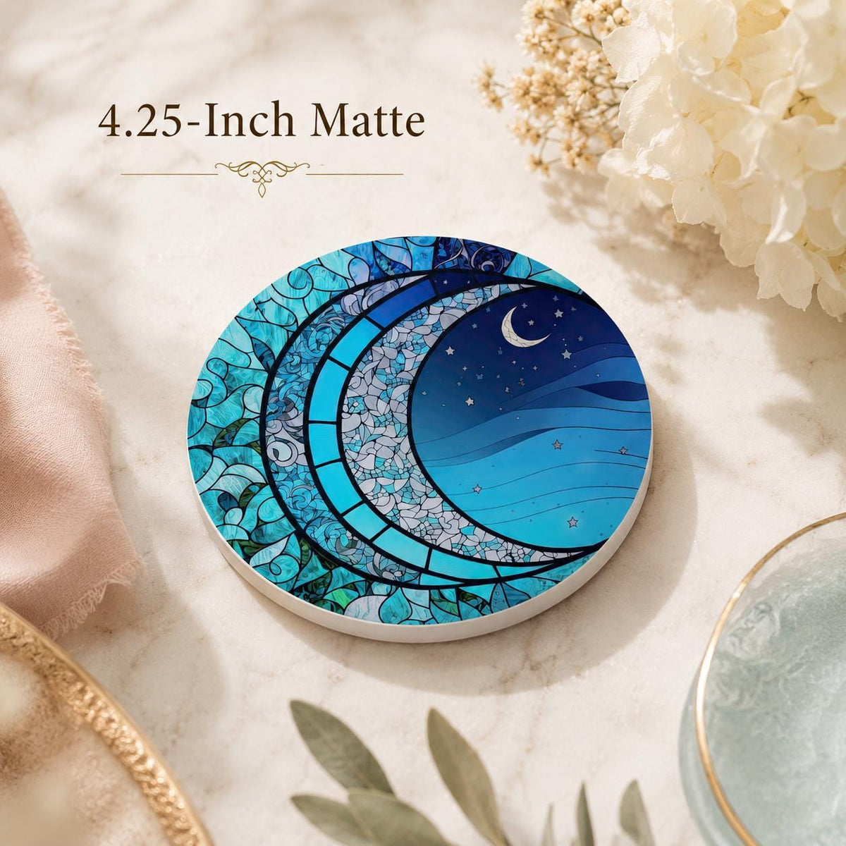 Moon Ceramic Coaster, Smooth Surface Celestial Drink Mat, Blue Night Sky Decor
