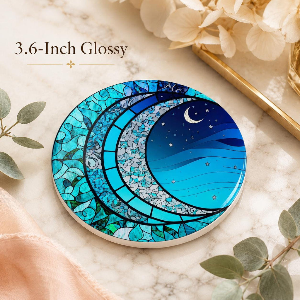 Moon Ceramic Coaster, Smooth Surface Celestial Drink Mat, Blue Night Sky Decor