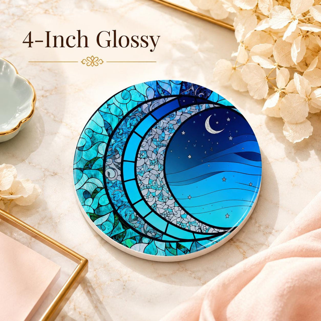 Moon Ceramic Coaster, Smooth Surface Celestial Drink Mat, Blue Night Sky Decor