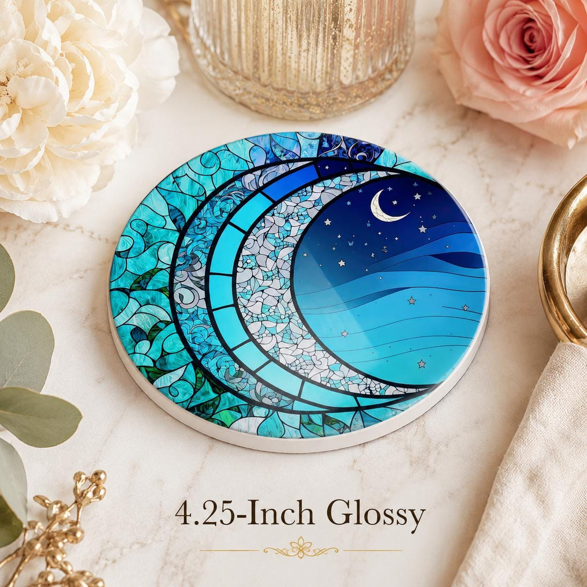 Moon Ceramic Coaster, Smooth Surface Celestial Drink Mat, Blue Night Sky Decor