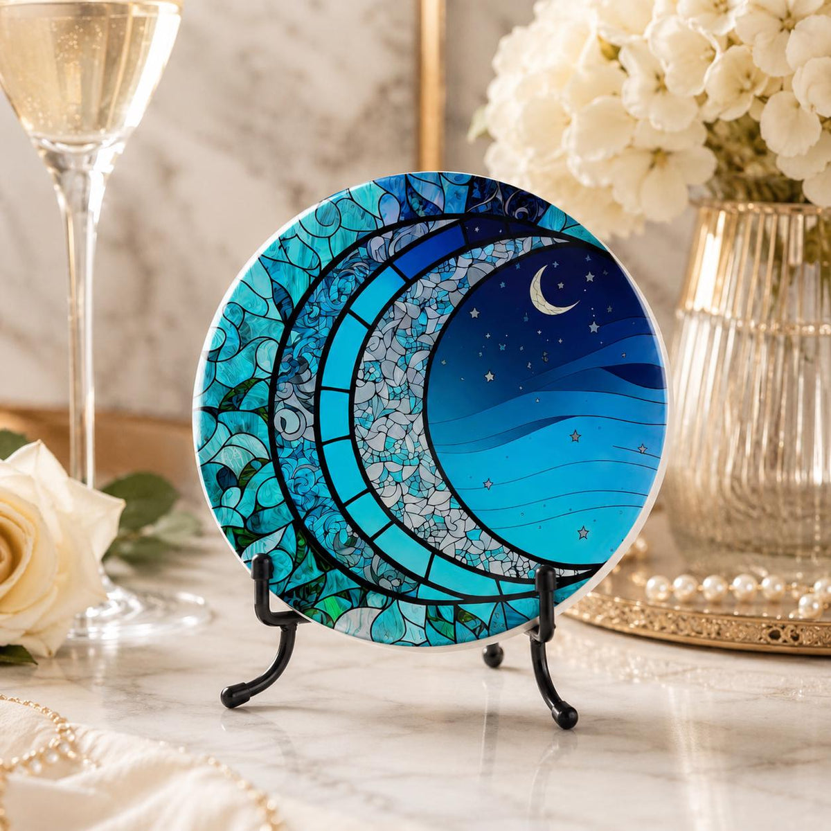 Moon Ceramic Coaster, Smooth Surface Celestial Drink Mat, Blue Night Sky Decor